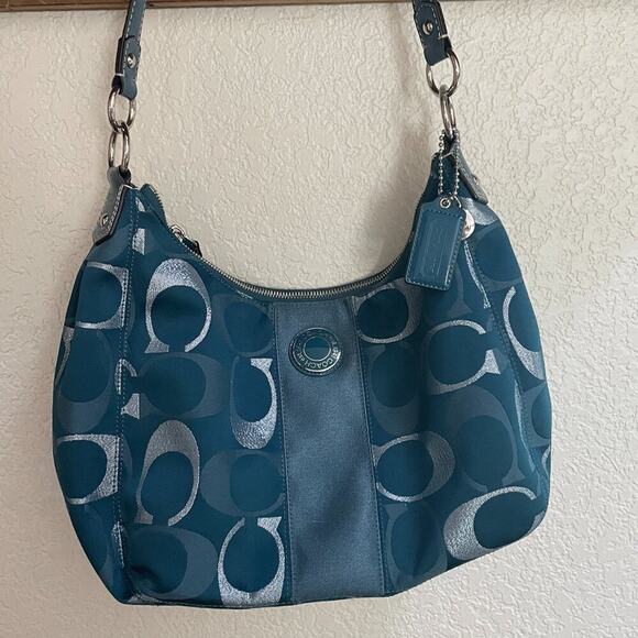 Coach Handbags - Coach Signature Metallic Stripe Teal Hobo Bag #G1275-F20428